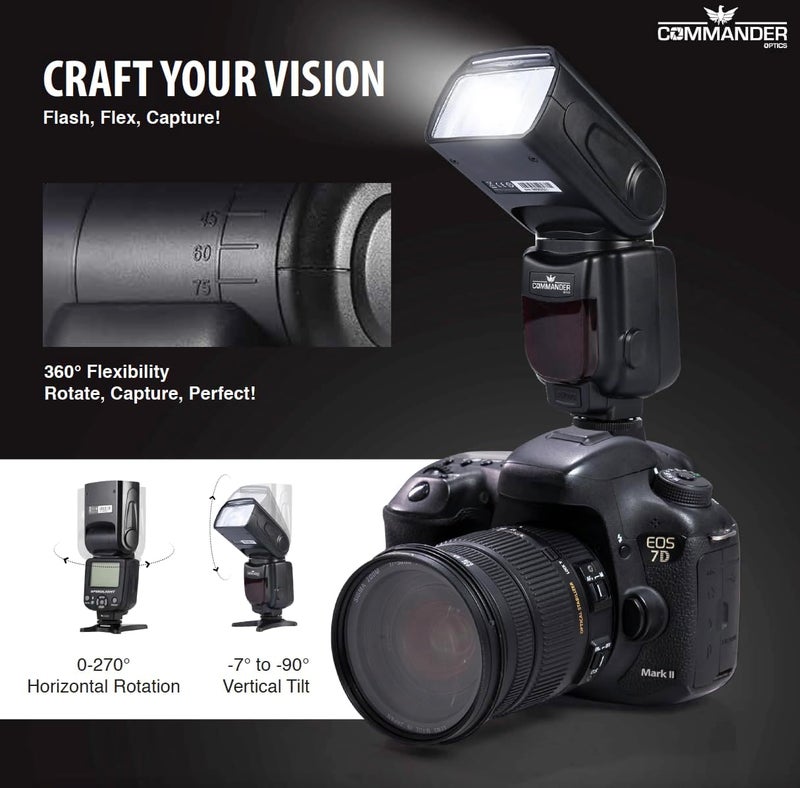 COMMANDER OPTICS E-TTL Flash Speedlite Bounce/Swivel LED Backlit with 4 Rechargeable AA Batteries for Canon Rebel T7, SL3, 4000D, 850D, 80D, 90D, R, RP, R5, R6, R8, 6D Mark II, 5D Mark IV & More - Image 3